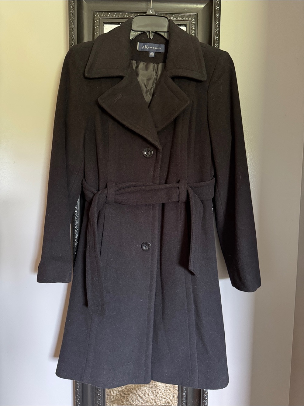 Anne Klein Black Belted Wool-Blend Trench Coat